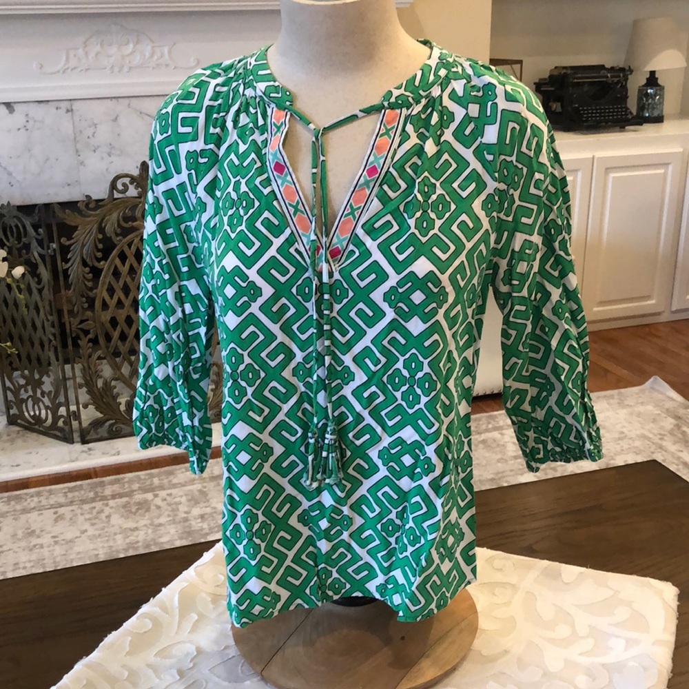 Green with pink/peach white detailing women’s V-Neck blouse; Crown & Ivy, Medium